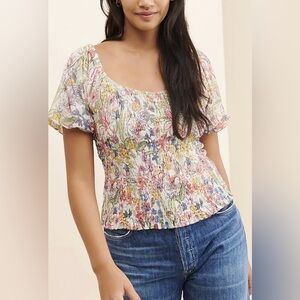 Anthropologie Aurelia Smocked Top Multicolor Floral Blouse Sz Large Puff Sleeve